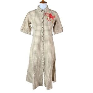 Bombay Paisley Tan Grid Dress Cardinal Embroidery M Button Down Unique Indie